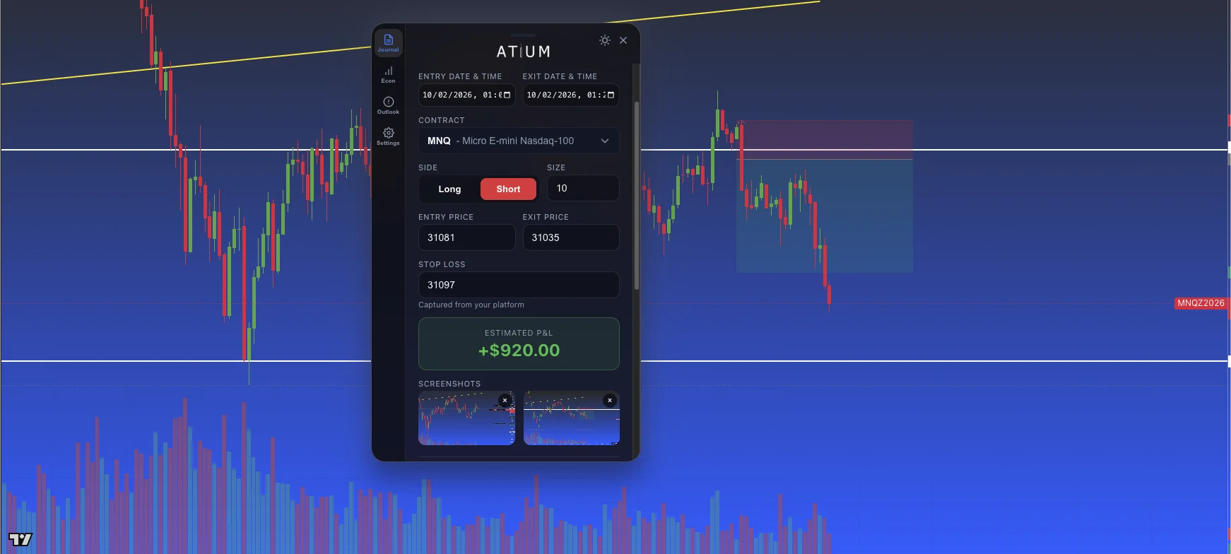 The Atium Bot panel open beside a futures chart, with live and backtesting modes, entry and exit times, contract, side, size, prices, stop loss and screenshot capture